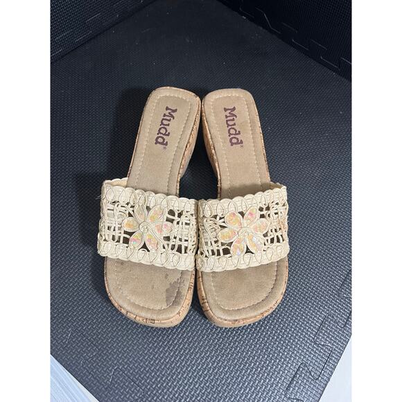 Y2K 2000s Mudd cream cork wedge sandals iridescent sequin flower embroidered 10 - Picture 2 of 9